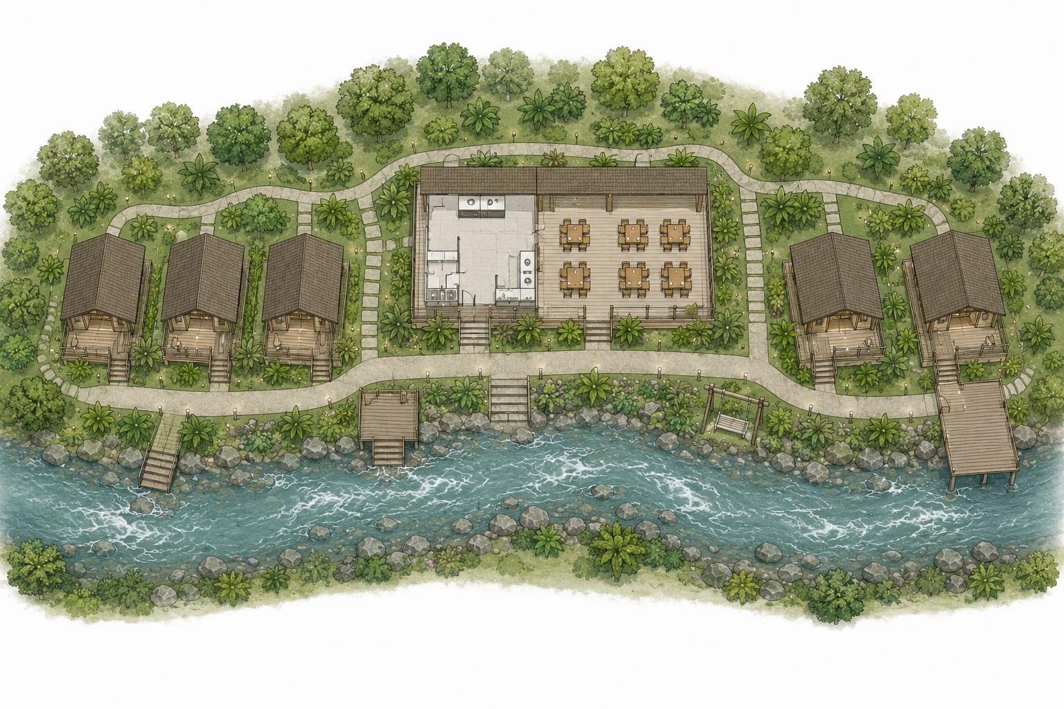Illustrated site plan of Otium River Retreat along the river