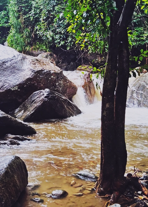 Rapids running past the rocks at the river's edge